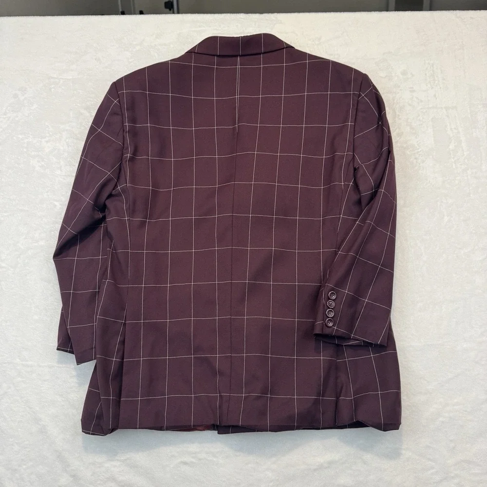 Designed‎ in Italy Mens Burgundy Windowpane Double Breasted Blazer Jacket 42R